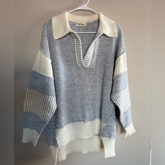 Peach Love California Sweaters - Peach Love California Striped Gray and Cream Sweater